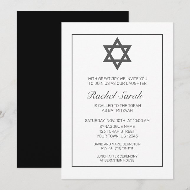 Modern minimalistisk vit svart Bat mitzvah Inbjudningar (Fram/baksida)