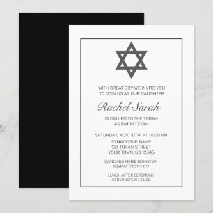 Modern minimalistisk vit svart Bat mitzvah Inbjudningar