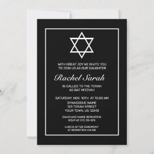 Modern minimalistisk vit svart Bat mitzvah Inbjudningar