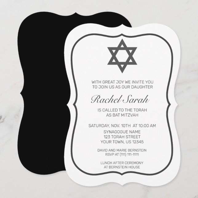 Modern minimalistisk vit svart Bat mitzvah Inbjudningar (Fram/baksida)