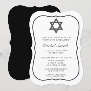 Modern minimalistisk vit svart Bat mitzvah Inbjudningar