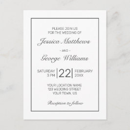 Modern, minimalistisk vit, svart bröllopsinbjudan vykort