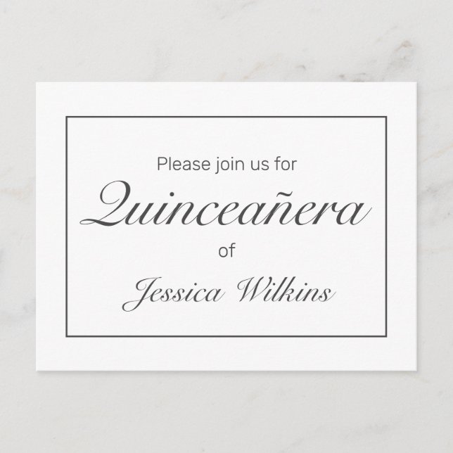 Modern minimalistisk vit svart quinceañera meddelande vykort (Framsida)