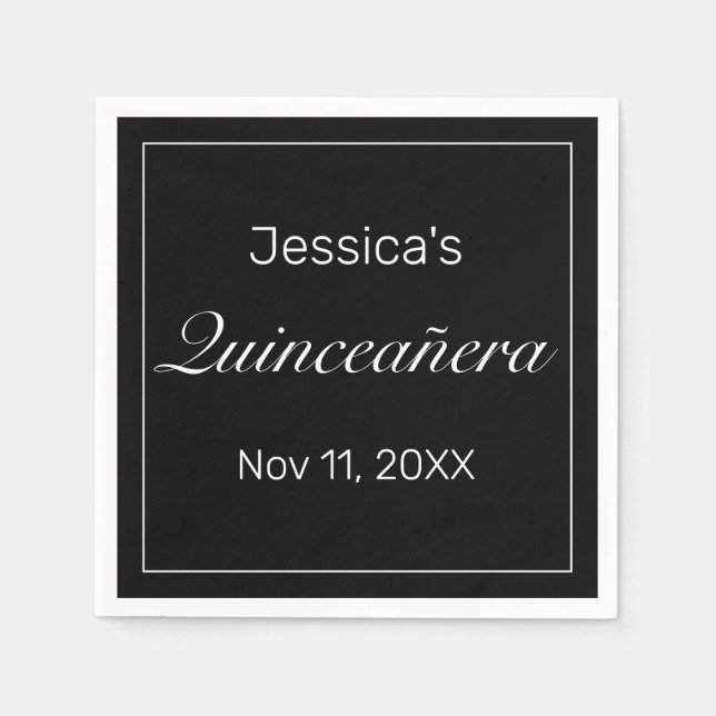 Modern minimalistisk vit svart quinceañera pappersservett (Framsidan)