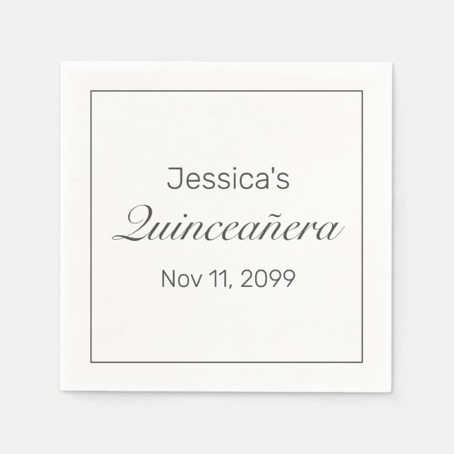Modern minimalistisk vit svart quinceañera pappersservett (Framsidan)