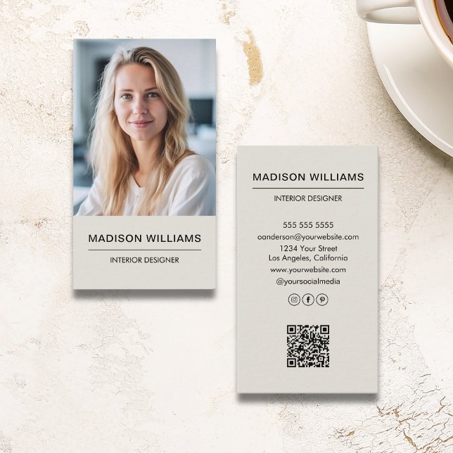 Modern, minimalistiskt foto QR Social-media Visitkort (Modern Minimalist Photo QR Social Media Business Card)