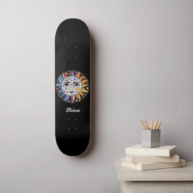 Modern minimalistiskt kelestial Sol Måne Monogram Mini Skateboard Bräda 18,5 Cm (Väggkonst)