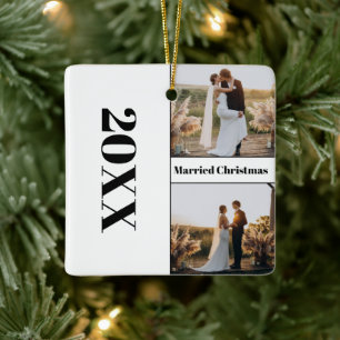 Modern minimalistiskt nygift, gift julfoto julgransprydnad keramik