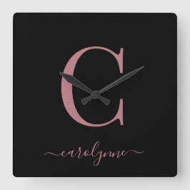 Modern minimalistiskt Ro Guld-monogramskript Namn Fyrkantig Klocka