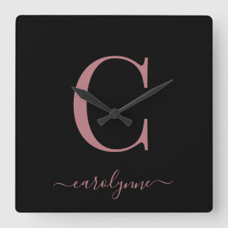 Modern minimalistiskt Ro Guld-monogramskript Namn Fyrkantig Klocka