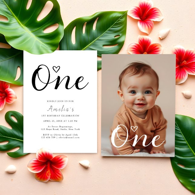 Modern minimalistiskt svart skript 1:a födelsemoto inbjudningar (Skapare uppladdad)