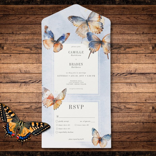 Modern, minimalt blått och rost bottnar (Modern Minimal Blue & Rust Butterflies Dinner All In One Invitation)