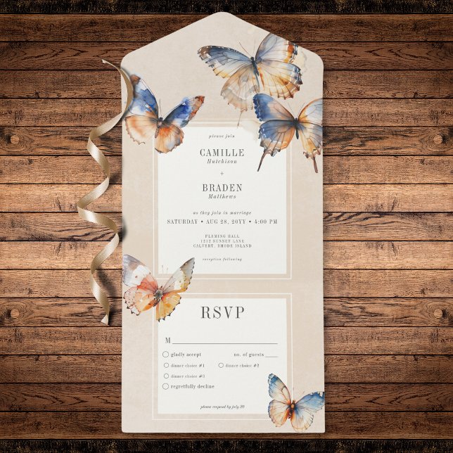 Modern, minimalt blått och rostigt mörker (Modern Minimal Blue & Rust Butterflies Dinner All In One Invitation)