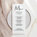 Modern minimalt fet kalligrafi Bröllop-middag Meny<br><div class="desc">Det här moderna minimalistiska bröllop-menykortet har fet kalligrafi och ett enkelt teckensnitt för bröllop-menyn på vit bakgrund på framsidan och en svart solid baksida. Perfekt för ett modernt men klassiskt bröllop eller annat evenemang, bröllop med ett svartvitt färg eller elegant bröllop. På baksidan finns plats för datumet namn och bröllop...</div>