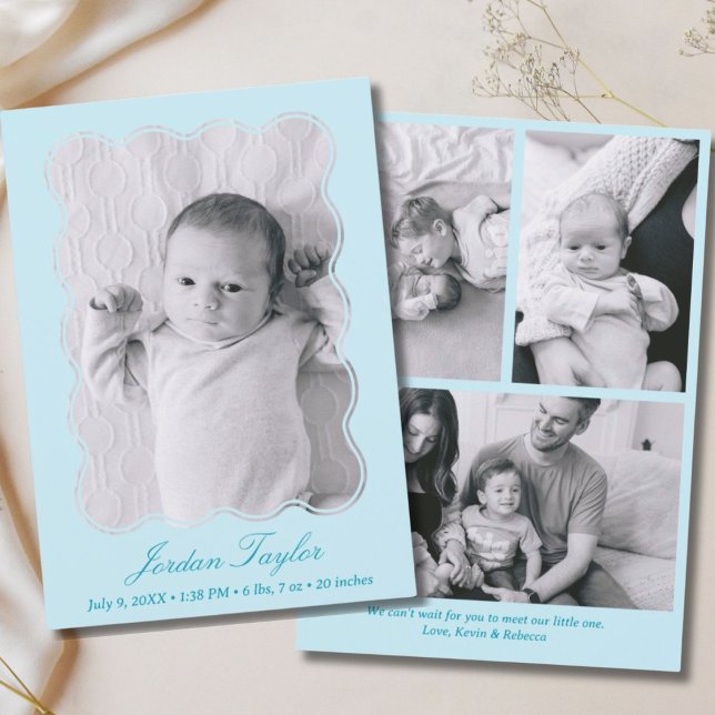 Modern minimalt ljusblått nyfött Baby födelse Meddelande (Modern Minimal Light Blue Newborn Baby Birth Announcement)
