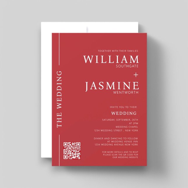 Modern minimalt rent QR-kod allt-i-ett-bröllop Inbjudningar (modern minimalist red and white wedding invitation with wedding website qr code link , minimal bride)
