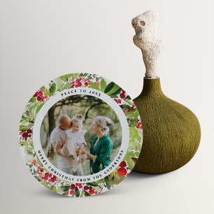 Modern, minimalt rött och grönt vattenfärg botanis julkort