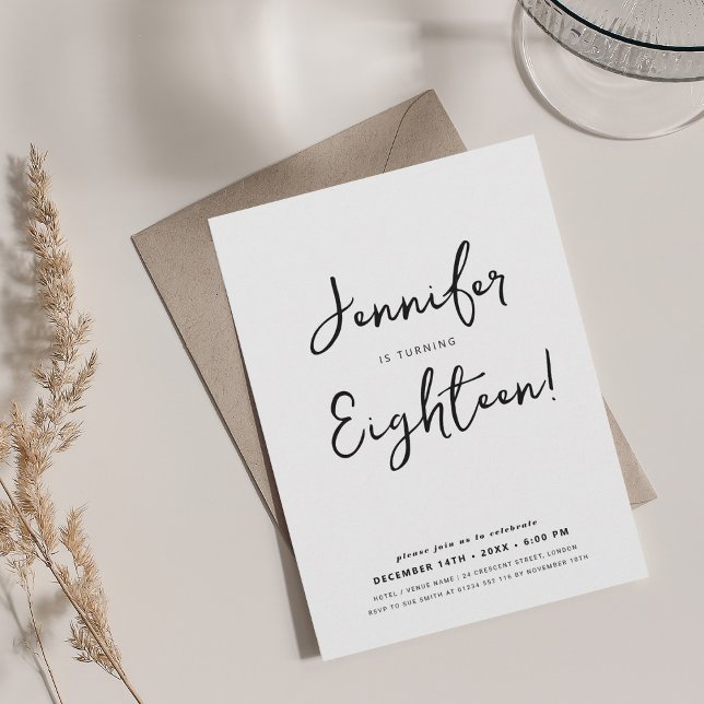 Modern, minimalt skript, 18:e födelsedagssvartvitt inbjudningar (Modern Minimal Script 18th Birthday Black & White Invitation)