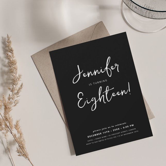 Modern, minimalt skript, svart 18:e Födelsedagsfes Inbjudningar (Modern Minimal Script 18th Birthday Party Black Invitation)