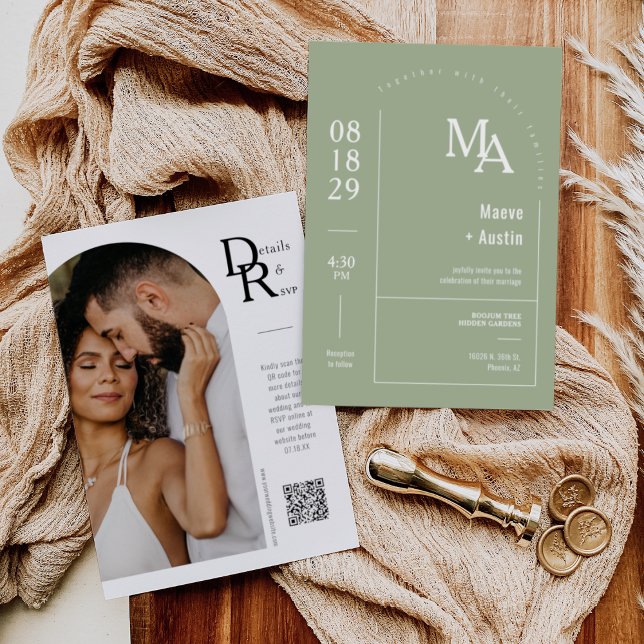 Modern minimiArch QR-kod för enkel Dusty Grönt Inbjudningar (Skapare uppladdad)