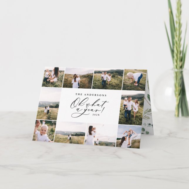 Modern minimifamilj med 11 foton i grönten helgkort (Framsida)