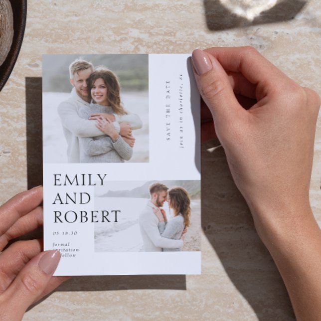 Modern Minimilast Black & White 2 Photo Bröllop Spara Datumet (Skapare uppladdad)