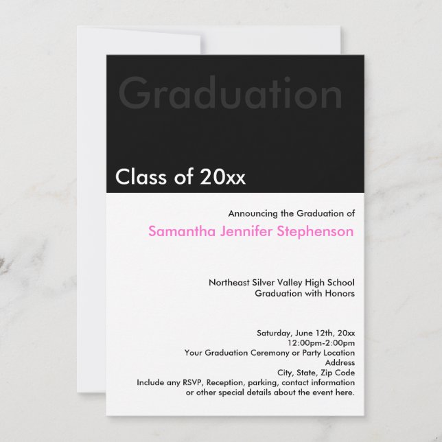 Modern Minimilast Black White Rosa Studenten Inbjudningar (Framsida)