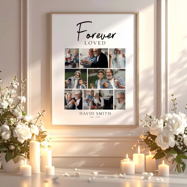 Modern minneskollage för älskade för evigt poster (Forever Loved Modern Memorial Photo Collage Poster, Loss of Husband, Loss of Loved One)