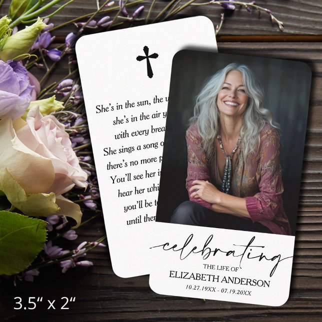 Modern minneskort för begravning med foto och bön visitkort (Celebration of Life funeral memorial photo prayer cards - bookmarks, default size 3.5" x 2" )
