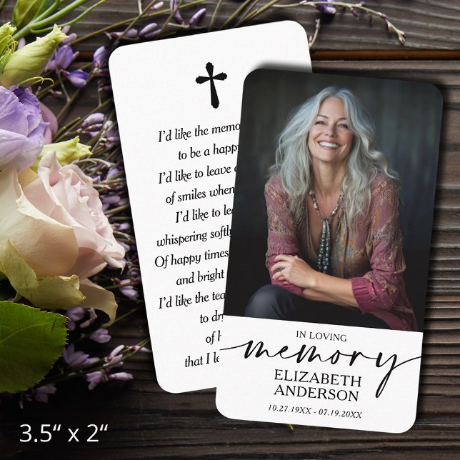 Modern minneskort för begravning med foto visitkort (In Loving Memory funeral memorial photo prayer cards - bookmarks, default size 3.5" x 2" )