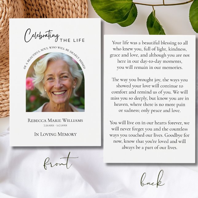 Modern minneskort för firande av livet med arkfoto visitkort (Modern Celebrating The Life Arch Photo Prayer Card
)