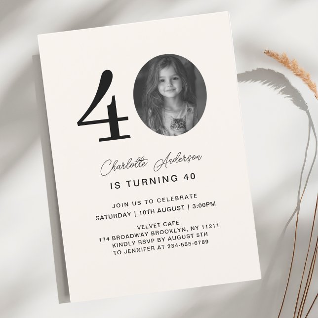 Modern, minst 40. Beige Birthday Photo Inbjudningar (Modern, minimal 40. Beige Birthday Photo Invitation)