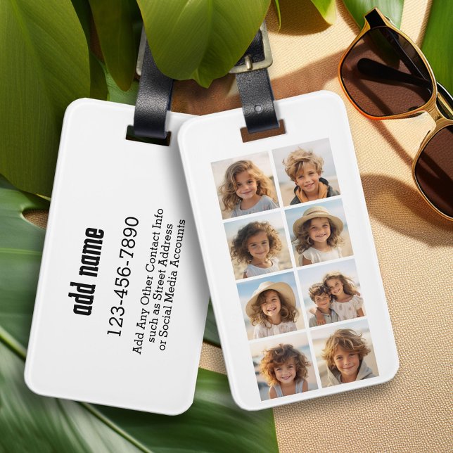 Modern minsta 8-fotorasterkollage - vit bagagebricka (Personalized Luggage and Bag Tag)