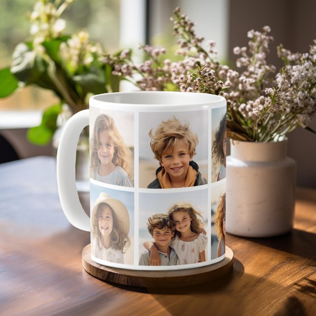 Modern minsta 8-fotorasterkollage - vit kaffemugg (Personalized mug template with a funky 8 photo collage )