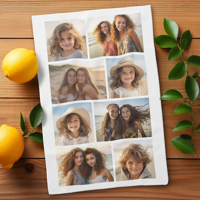 Modern minsta 8-fotorasterkollage - vit kökshandduk (Custom Kitchen Towel with Photo Collage)