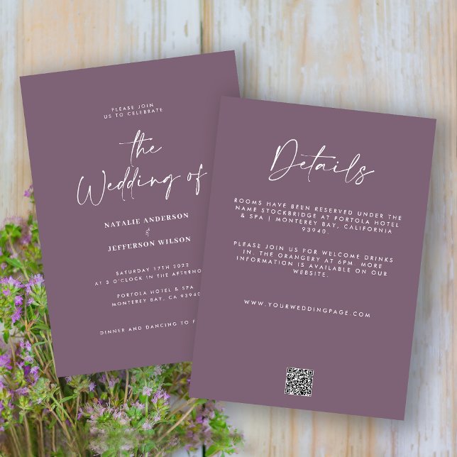 Modern minsta detalj för lila QR-kod bröllop Inbjudningar (Elegant modern minimal simple purple wedding invitation)