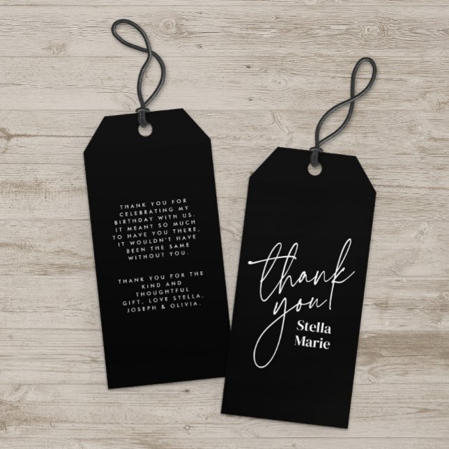 Modern, minsta lilla skript, svart, vitt tack presentetikett (Skapare uppladdad)