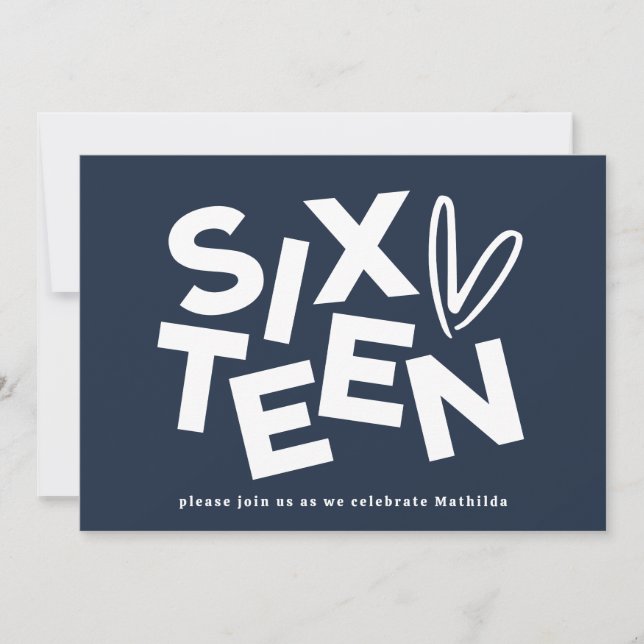 Modern minsta marin blå typografi 16-årsdag inbjudningar (Framsida)