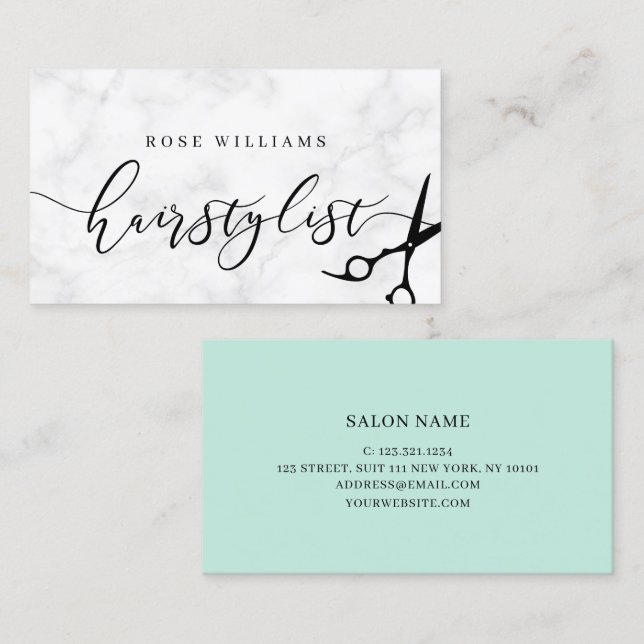 Modern minsta marmor- och mint-frisyr visitkort (Fram/baksida)