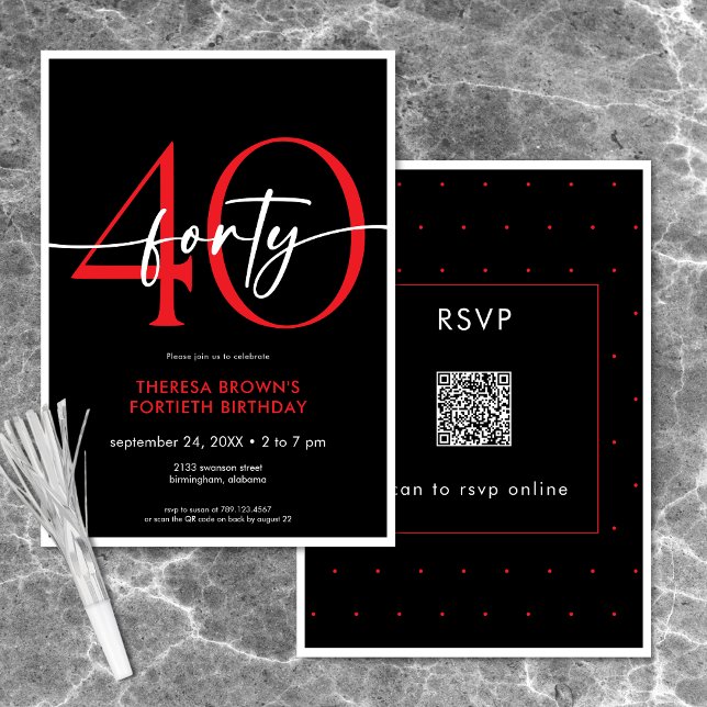 Modern minsta röda fyrtio-skript, födelsedag QR Inbjudningar (Modern Minimal Red Forty Script Birthday QR Invitation)