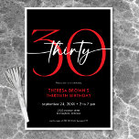 Modern minsta röda trettio-skriptfödelsedag inbjudningar<br><div class="desc">Den här födelsedagsinbjudan kombinerar klassisk svart och vit med ljusröd accent med modern och chic. Det är en minimal design som är enkel och roligt för att fira milstolpen. Baksidan innehåller ett område för en QR-kod för OSANS svar. Skapat av Farmhouse Press.</div>