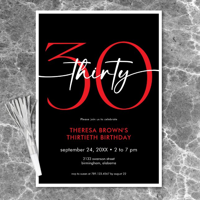 Modern minsta röda trettio-skriptfödelsedag inbjudningar (Modern Minimal Red Thirty Script Birthday Invitation)