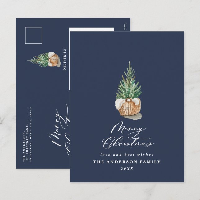 Modern minsta vattenfärgsblå markvin blå jul helg vykort (Fram/baksida)