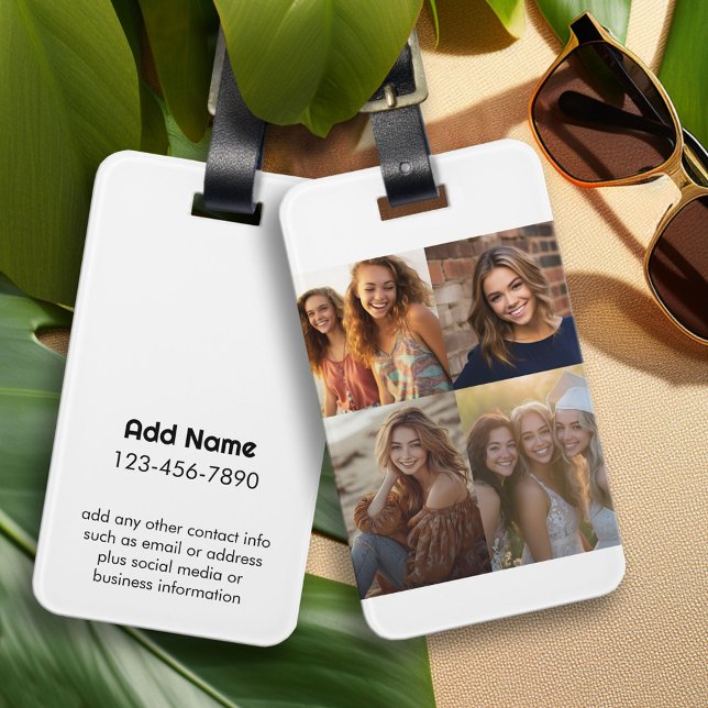 Modern minsta vita 4-fotokollage med kontakt bagagebricka (Custom Photo Collage Luggage Tag)