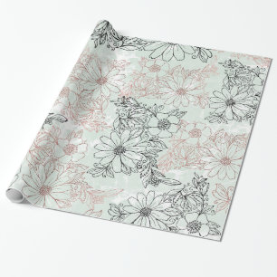 Modern Mint Black Ro, Blommigt Marble Presentpapper