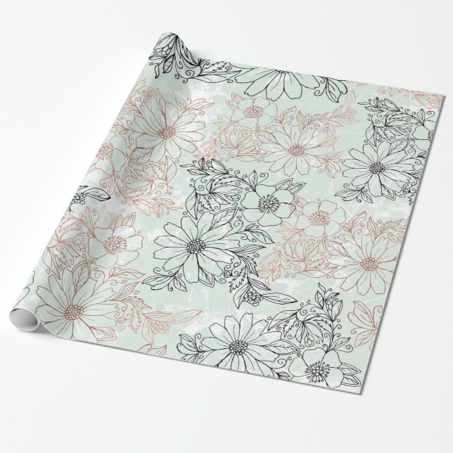 Modern Mint Black Ro, Blommigt Marble Presentpapper (Utrullad)