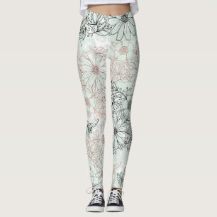 Modern Mint Black Ro Guld Blommigt Marble Leggings