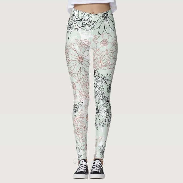 Modern Mint Black Ro Guld Blommigt Marble Leggings (Framsida)