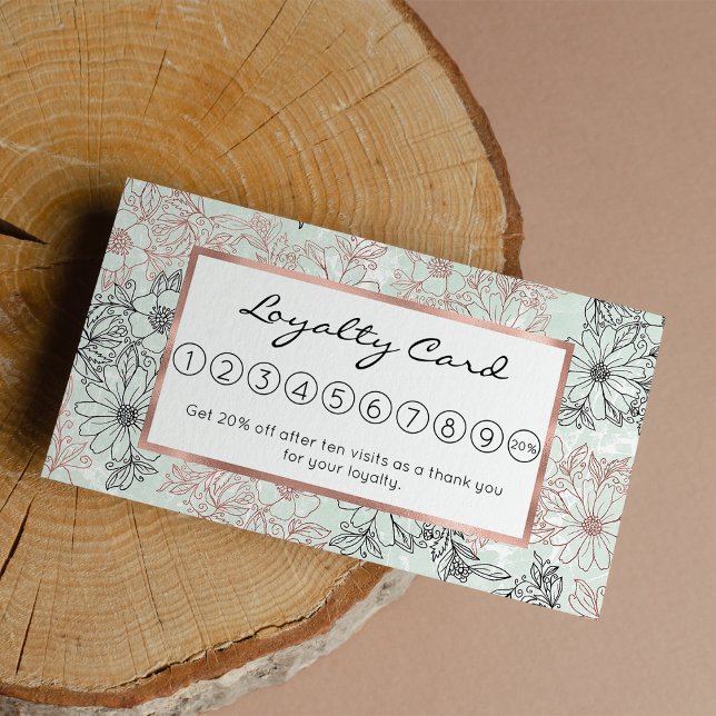 Modern Mint Black Ro Guld Blommigt Marble Lojalitetskort (Modern Mint Black Rose Gold Floral Marble Loyalty)