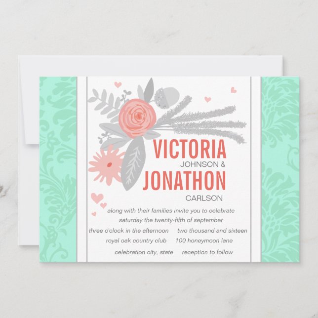 Modern Mint Damask Wedding Inbjudan (Framsida)